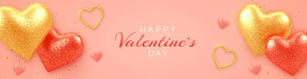 Banner Venta San Valentín Con Brillantes Corazones Realistas Globos Rojos — Vector de stock