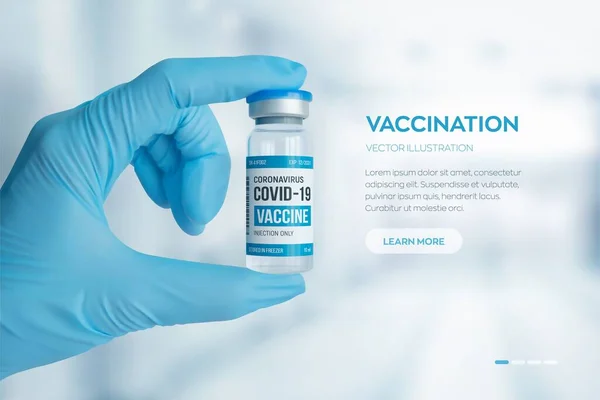 COVID-19 aşılı ampuller. Aşı konsepti. Doktorun mavi eldivenli eli iğne için tıbbi cam şişeyi tutuyor. Koronavirüs aşısının geliştirilmesi ve yaratılması. Vektör illüstrasyonu