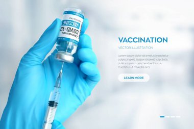 COVID-19 koronavirüs aşısı. Aşı konsepti. Doktorun elinde mavi eldivenler ilaç aşısı şişesi ve şırınga var. Koronavirüs aşısının geliştirilmesi ve yaratılması. Vektör illüstrasyonu