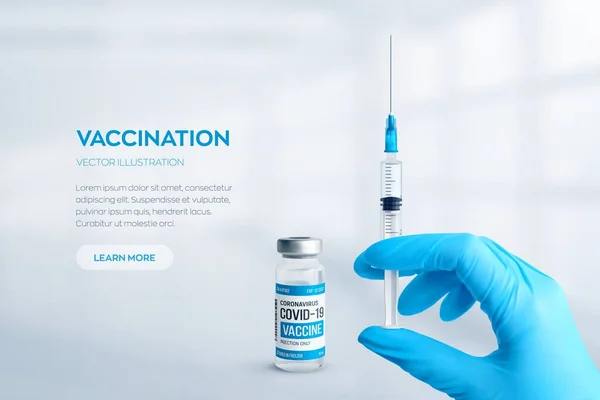Covid-19 coronavirus vaccine concept. Realistic medical glass vial with metal cap and syringe in hand vector background. Vaccination against 2019-nCoV virus. Covid19 immunization treatment. — Διανυσματικό Αρχείο