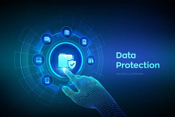 データ保護 仮想画面上の個人データセキュリティコンセプト 保護されたフォルダアイコン サイバーセキュリティ インターネットのプライバシーと安全性 ロボットの手でデジタルインターフェースに触れる ベクターイラスト — ストックベクタ