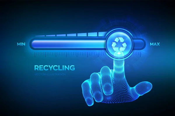 Crecimiento del nivel de reciclaje. Reciclar - reducir - reutilizar el concepto ecológico. Protección del medio ambiente. La mano del Wireframe se está acercando a la barra de progreso de posición máxima con el icono de reciclaje. Ilustración vectorial. — Vector de stock