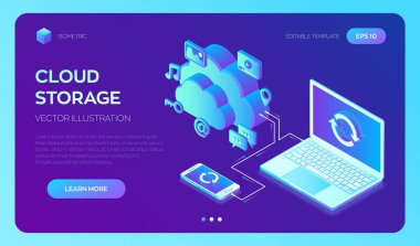 Bulut deposu. Laptop ve Smartphone Simgeleri ile Cloud Computing Technology Isometric Concept. Cihazdan alete internet üzerinden veri transferi. Cihazların senkronizasyonu. Vektör illüstrasyonu