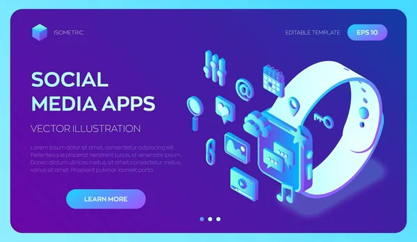 Social Media Apps Een Smart Watch Sociale Media Isometrische Pictogrammen — Stockvector