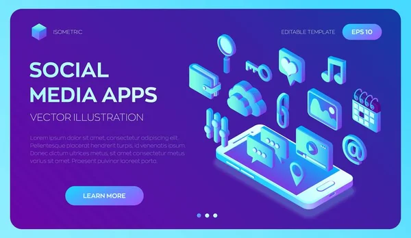 Social Media Apps Een Smartphone Sociale Media Isometrische Pictogrammen Mobiele — Stockvector