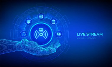 Robotik elde canlı yayın. Sanal ekranda çevrimiçi çeviri ya da webinar konsepti. İnternet konferansı. Web tabanlı seminer. Uzaktan öğrenme ya da eğitim konsepti. Vektör illüstrasyonu