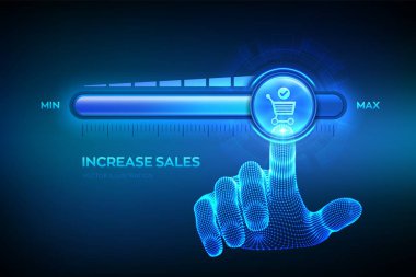 Increasing Sales. Sale volume increase make business grow finance concept. Boost Your Income. Wireframe hand is pulling up to the maximum position progress bar with the cart icon. Vector illustration