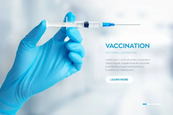 Χέρι Ιατρική Μπλε Γάντι Κρατώντας Σύριγγα Εμβόλιο Εμβολιασμός Ιατρική Έννοια — Διανυσματικό Αρχείο