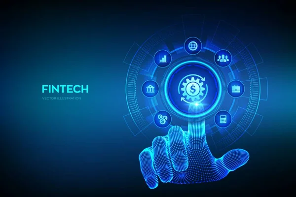 Fintech. Finansal teknoloji, online bankacılık ve kitle fonlama. İş yatırım bankacılığı ödeme teknolojisi kavramı sanal ekranda. Robot el dijital arayüze dokunuyor. Vektör illüstrasyonu