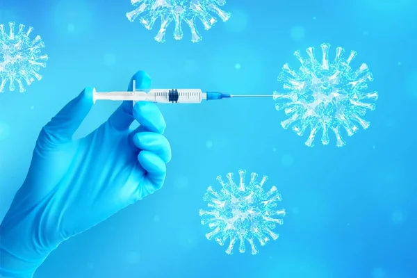 Χέρι Ιατρική Μπλε Γάντι Κρατώντας Σύριγγα Εμβόλιο Εμβολιασμός Ανοσοποίηση Έννοια — Διανυσματικό Αρχείο
