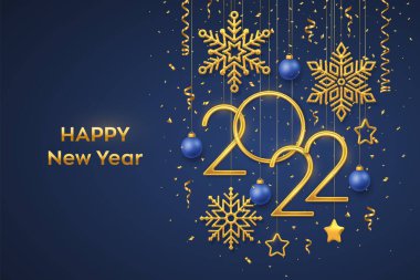 Mutlu 2022 seneleri. Parlak kar taneleri, 3 boyutlu metalik yıldızlar, toplar ve mavi arka planda konfetilerle 2022 numaralı altın metalik numaralar asılıyor. Yeni yıl tebrik kartı ya da afiş şablonu. Vektör