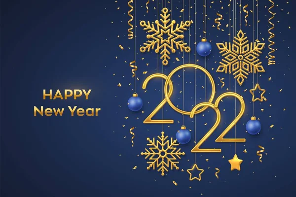 Šťastný Nový Rok2022 Visící Zlatá Kovová Čísla 2022 Zářícími Sněhovými — Stockový vektor