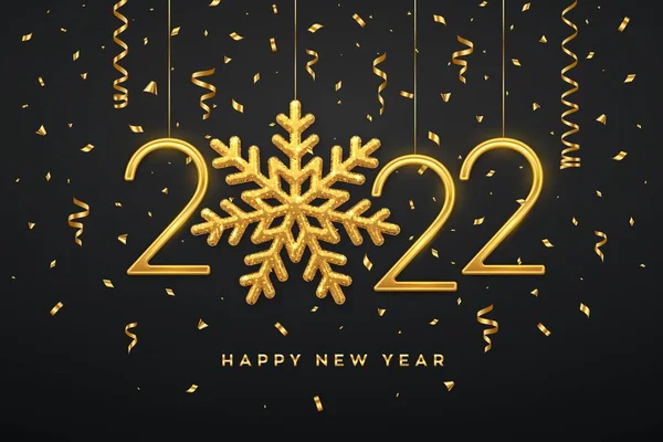 Новым 2022 Годом Висящий Золотой Металлический Номер 2022 Сияющей Снежинкой — стоковый вектор