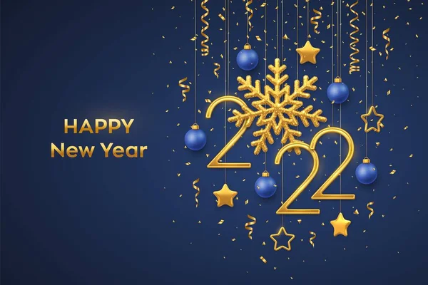 Καλή Χρονιά 2021 Κρεμαστά Χρυσά Μεταλλικά Νούμερα 2021 Λαμπερή Νιφάδα — Διανυσματικό Αρχείο