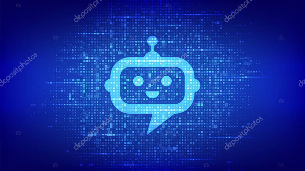 Robot chatbot head icon sign made with binary code. Chatbot assistant application. AI concept. Digital binary data and streaming digital code. Matrix background with digits 1.0. Vector Illustration