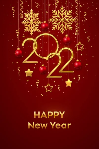 Happy New 2022 Year Hanging Golden Metallic Numbers 2022 Shining — Stock Vector