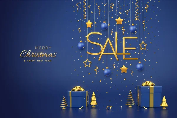 Christmas Sale Design Banner Hanging Golden Metallic Sale Letters Stars — Stock Vector