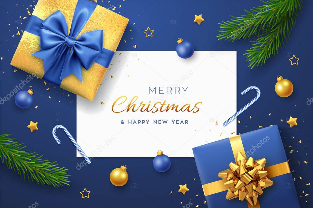 Christmas blue background with square paper banner, realistic gift boxes with green and golden bows, pine branches, gold stars and confetti, balls bauble. Xmas background, greeting cards. Vector