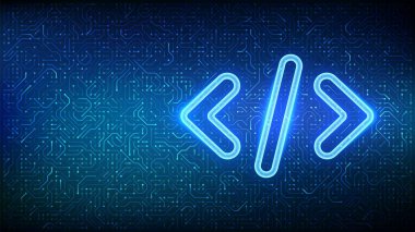 Programlama kodu. Kaynak kodu. Devre kartlarının arka planında kod simgesi programlanıyor. Kodlama parantezleri programlamayı, yazılım mühendisliğini sembolize ediyor. Kodlama, bilgisayar korsanı geçmişi. Vektör illüstrasyonu