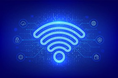 Wi-Fi ağı. Wi-Fi simgesi. Wlan erişimi, kablosuz bağlantı sinyali sembolü. Mobil bağlantı bölgesi. Yönlendirici iletim. Devre çizelgesi. PCB baskılı devre dokusu. Vektör illüstrasyonu