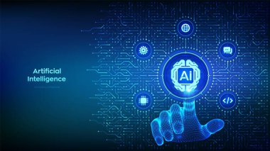 AI. Artificial Intelligence technology. Digital brain. Neural network. Machine learning. Big data. Background with circuit board connections and tech icons. Hand pressing button. Vector Illustration