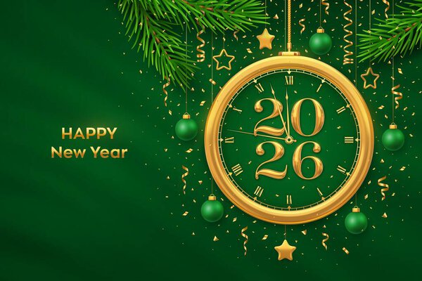 Happy New Year 2026. Golden New Year countdown clock with numbers 2026. Bauble balls, gold metallic stars confetti on green background. New Year greeting card or party invitation. Vector illustration