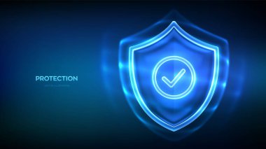 Koruma kalkanı işaretli. Şeffaf cam güvenlik kalkanı. Siber güvenlik, sağlık, sigorta, savunma, koruma, güvenlik sembolü. İnternet gizliliği, güvenlik duvarı, antivirüs. Vektör illüstrasyonu
