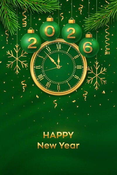 Happy New Year 2026. Golden New Year countdown clock. Bauble balls with numbers 2026, gold metallic stars confetti on green background. New Year greeting card or party invitation. Vector illustration
