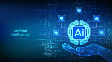 Elinde ikili kodla yapılan dijital beyin ikonu. Yapay Zeka teknolojisi konsepti. Sinirsel ağ. Makine öğrenimi. Büyük veri. 1.0 basamaklı ikili kod arkaplanı. Vektör illüstrasyonu