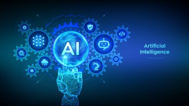 Al. Yapay Zeka. Makine Öğrenme Konsepti. Büyük veri. Sinirsel ağlar. Dalgalı ızgara küre. Bağlı dişli dişliler ve simgelerle dijital arayüze dokunan tel çerçeveli el. Vektör illüstrasyonu