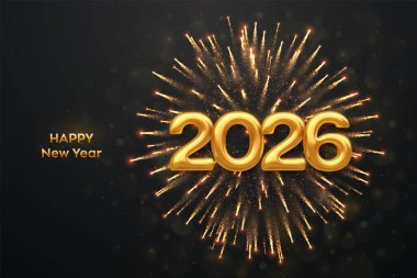Mutlu yıllar 2026. Işıl ışıl havai fişekleri olan ve arka planda parlayan bokeh ışıkları olan altın 2026 numara. Şenlikli Yeni Yıl Kutlama Çizelgesi.