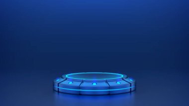 Bilim kurgu ışıklandırmalı ürün sergisi için fütüristik podyum. Alet sunumu için 3D mavi neon boş siber sahne arkaplanı. Parlak mavi ışıkları olan bilim kurgu dijital kaidesi. Vektör illüstrasyonu