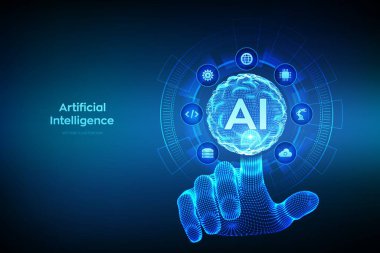 Al. Yapay Zeka teknolojisi konsepti. Yapay zeka logosu olarak küre dalgası. Sinirsel ağlar. Yenilikçi makine öğrenimi. Büyük veri. Telli el dijital arayüze dokunuyor. Vektör illüstrasyonu