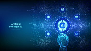 AI. Artificial Intelligence technology. Digital brain. Neural network. Machine learning. Big data. Background with circuit board connections and tech icons. Hand pressing button. Vector Illustration