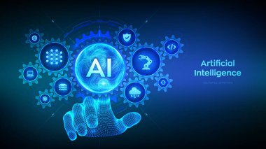 Al. Yapay Zeka. Sinirsel ağlar. Dalgalı ızgara küre. Makine Öğrenme Konsepti. Büyük veri. Bağlı dişli dişliler ve simgelerle dijital arayüze dokunan tel çerçeveli el. Vektör illüstrasyonu