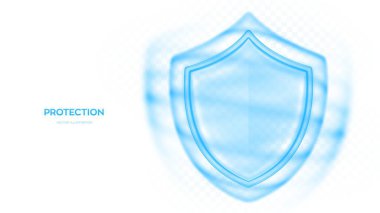 Koruma kalkanı beyaz arka planda izole edilmiş. Sağlık, siber güvenlik ve kripto veri koruması için mavi şeffaf cam güvenlik kalkanı. Güvenlik duvarı için güvenlik sembolü, antivirüs, sigorta. Vektör