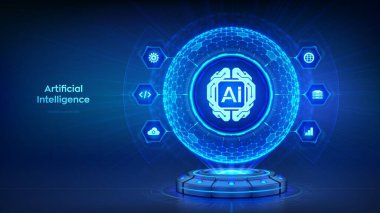 Yapay zeka teknolojisi konsepti. Holografik kürenin içindeki altıgen desenli dijital beyin. Al beyin çipi. Makine Öğrenme. Sinirsel ağlar. Büyük veri analizi. Vektör illüstrasyonu