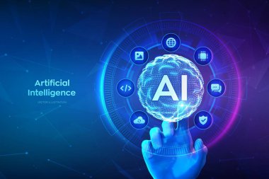 Al. Yapay Zeka teknolojisi konsepti. Yapay zeka logosu olarak küre dalgası. Sinirsel ağlar. Yenilikçi makine öğrenimi. Büyük veri. Dijital arayüze elle dokunmak. Vektör illüstrasyonu