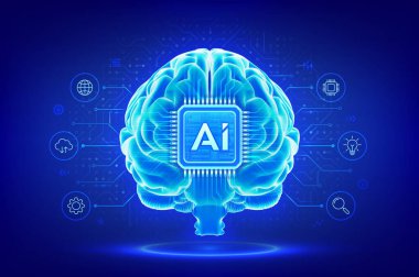 Yapay zeka teknolojisi konsepti. Dijital beyin. Yapay zeka çipi insan beynine entegre edildi. Makine Öğrenme. Dijital zihin. Sinirsel ağlar. Devre çizelgesi. Vektör illüstrasyonu