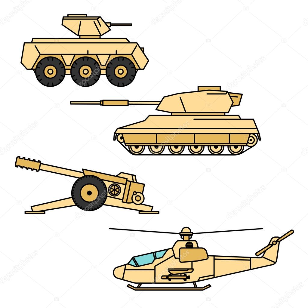 Military vector set. Outline cannon, helicopter, armored troop-carrier and tank design. Weapon icon, pictogram collection.
