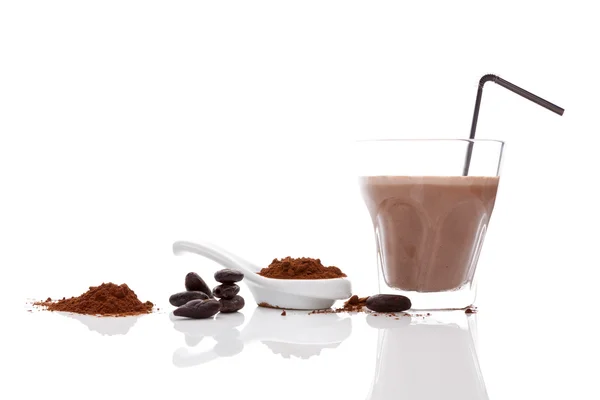 Cocoa drink, beans and powder. — Stock Photo, Image