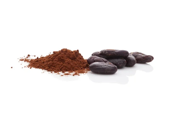 Granos de cacao y cacao en polvo . — Foto de Stock