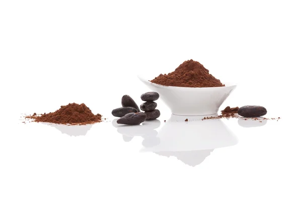 Kakao çekirdekleri ve kakao tozu. — Stok fotoğraf
