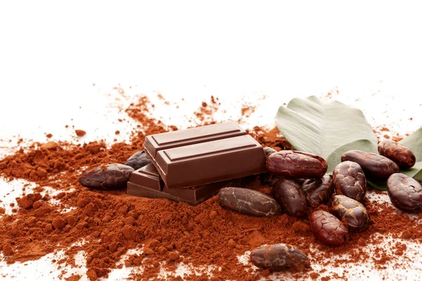 Beyaz Arka Planda Kakao Tozu Fasulye Çikolata Yapraklı Kompozisyon — Stok fotoğraf
