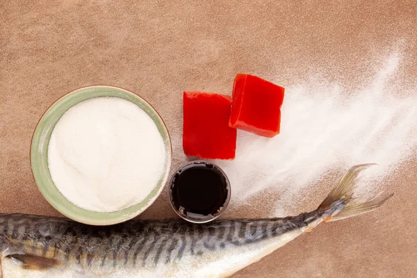 Collageen Drank Poeder Gelatine Gelei Verse Vis Met Kopieerruimte Van — Stockfoto