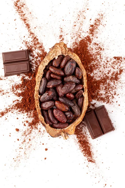 Kulinarisk Chokladmat Kakaobönor Chokladkakao Och Kakaopulver Isolerade Vitt Platt Underlag — Stockfoto