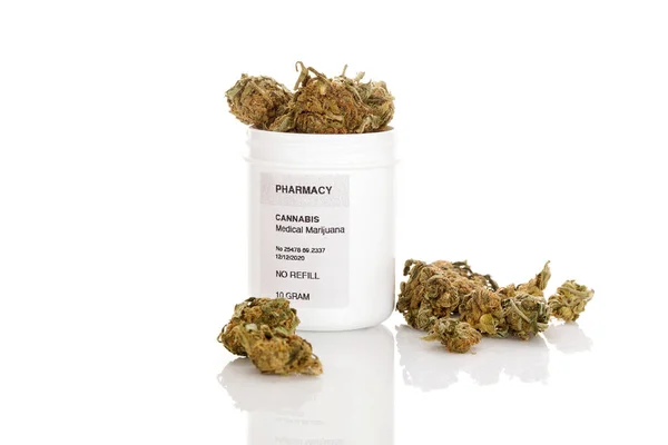 Lékařská Marihuana Lahvičce Předpis Izolované Bílém Pozadí Alternativní Medicína — Stock fotografie