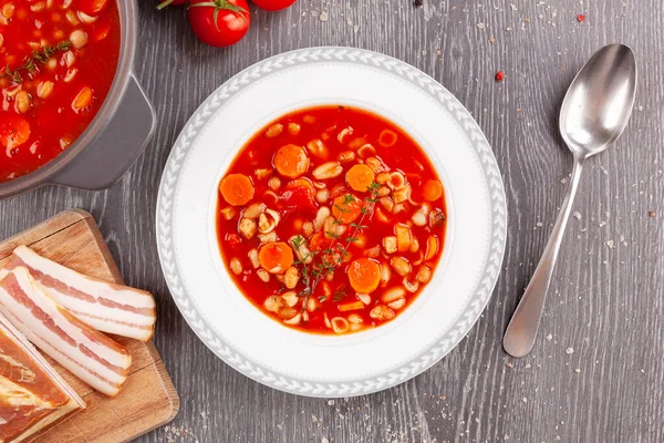 Minestrone Soup Plate Grey Table Top View Italian Soup Pasta — Stock Photo, Image