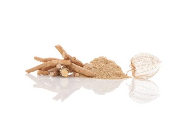 Aswagandha root and powder isolated on white background. Withania somnifera. Alternative medicine, adaptogen. clipart