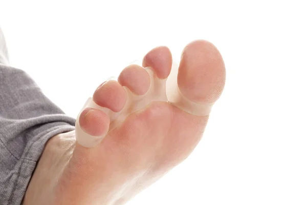 Bare Feet Bunion Correctors Treat Pain Hallux Valgus White Background — Stock Photo, Image